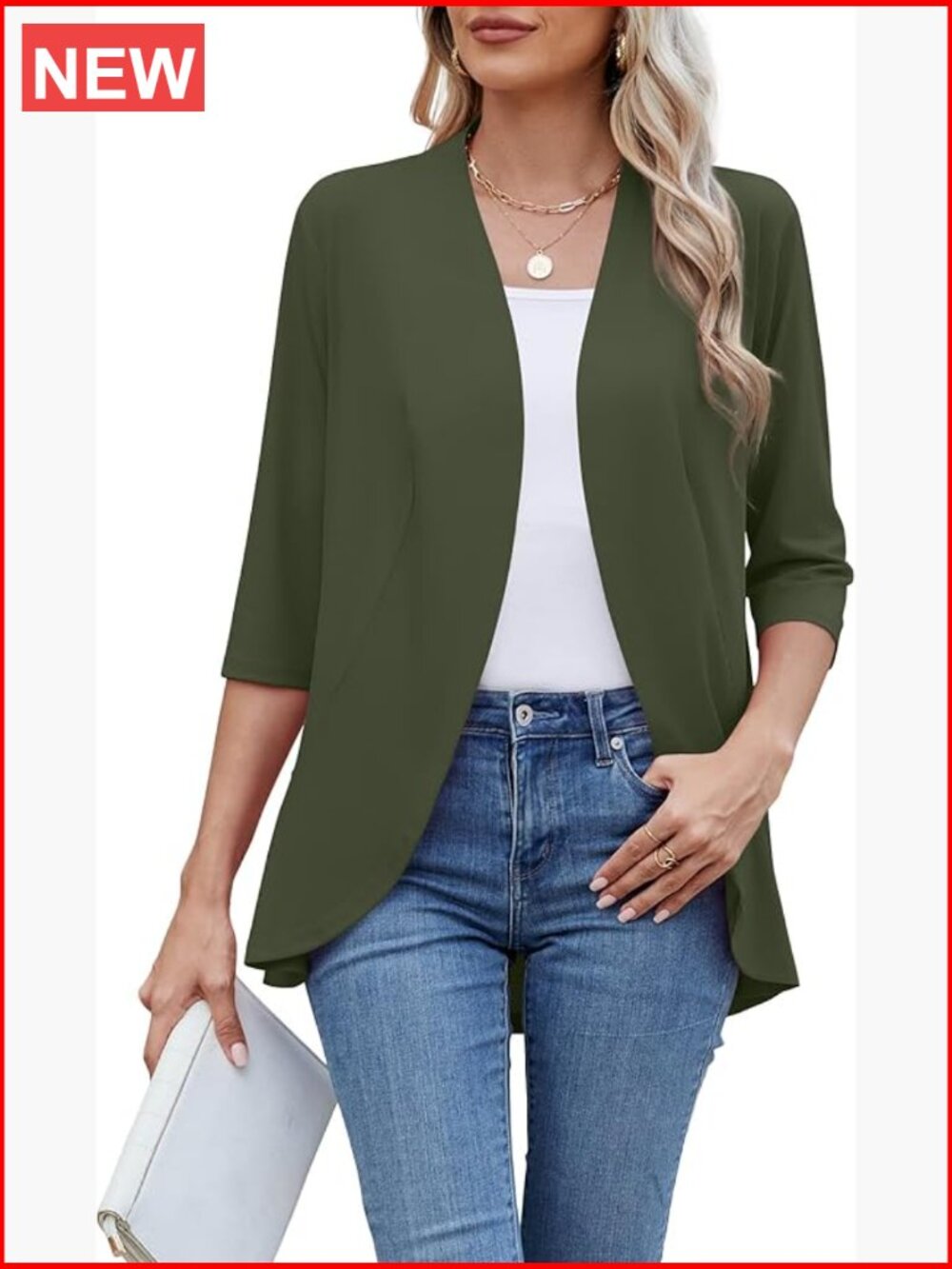 Lightweight Open Front Cardigan Soft Draped 3/4 Sleeve Shawl Collar Office